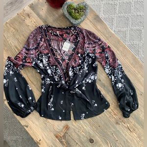 Free People Multicolor Floral Tie-Front Blouse